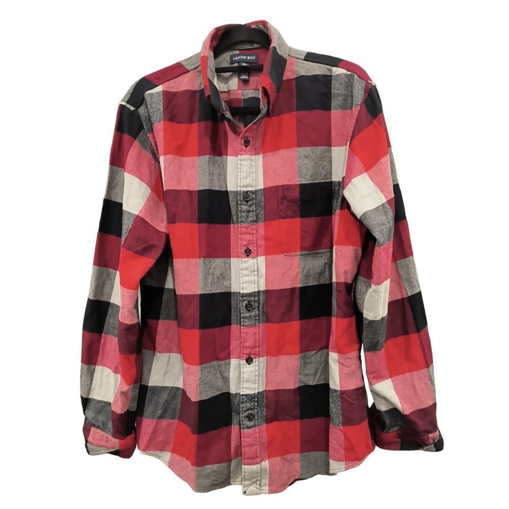 LANDS' END Men's Medium Chamois‎ Thick Flannel Work Shirt Plaid